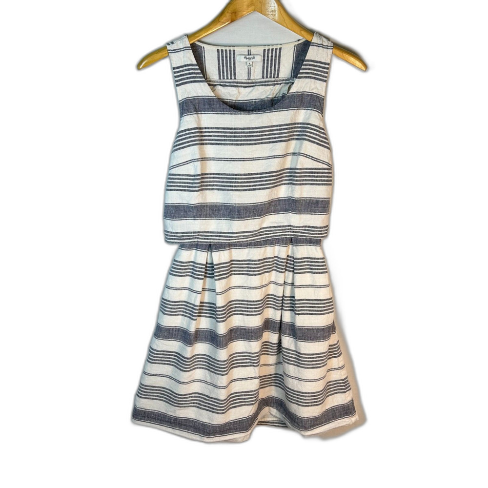 Madewell Women's Ivory Navy Striped Overlay Cross Back Sleeveless Dress Size 6 - Picture 3 of 16